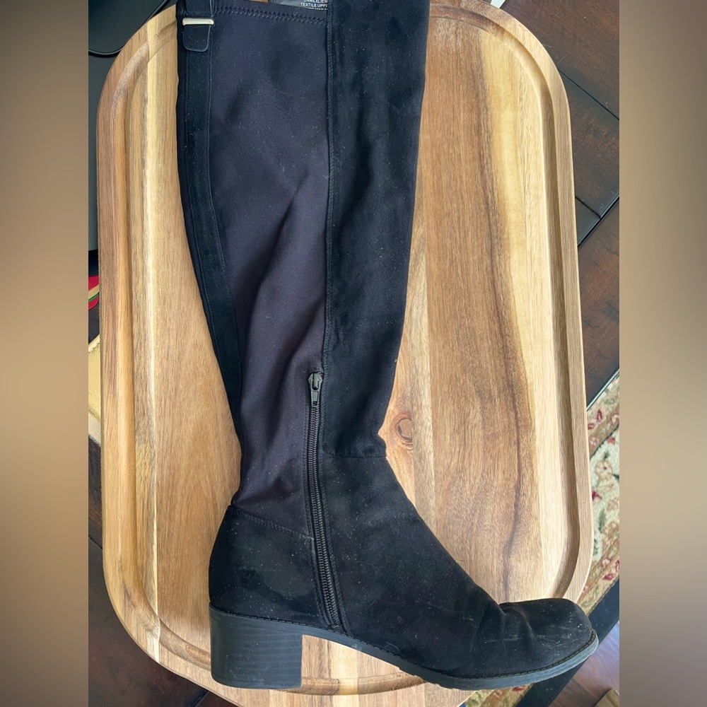Knee- high faux suede boot with low block heel